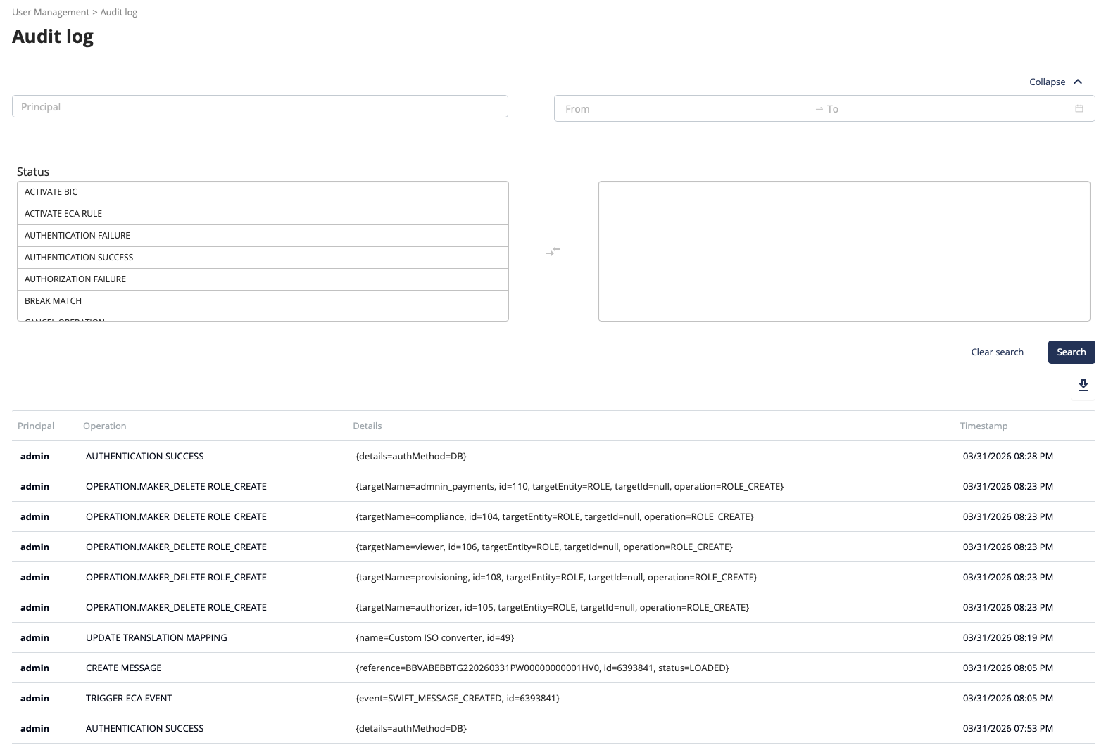 PMH audit log viewer showing operations, details and timestamps with search filters