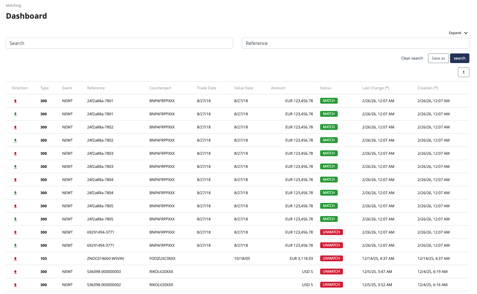 PMH matching dashboard showing trade confirmations with MATCH and UNMATCH statuses
