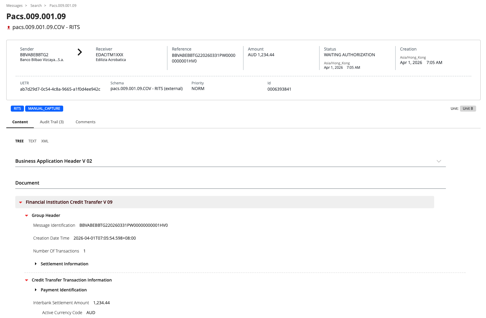 PMH message detail view showing XML payload, audit trail tabs, and message metadata