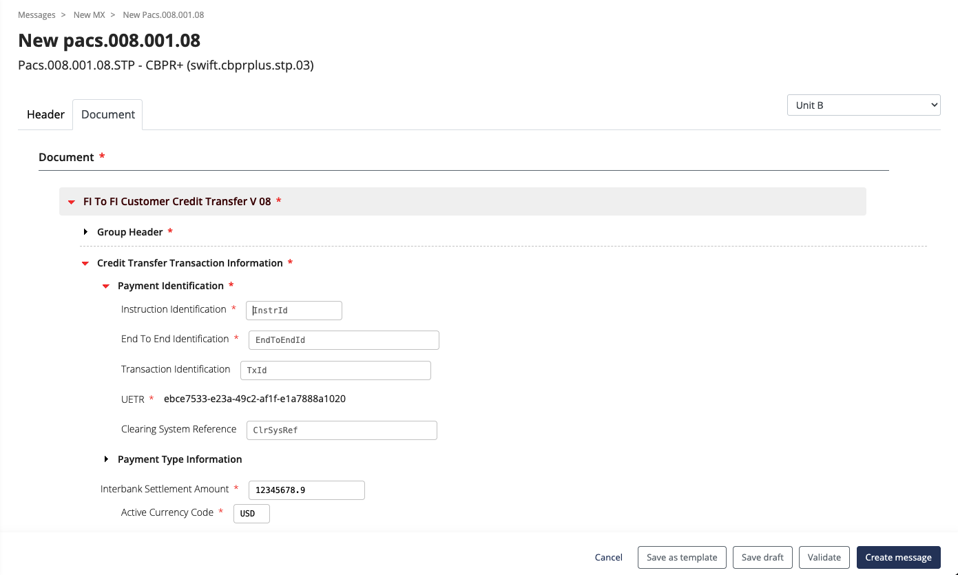 PMH message entry UI showing schema-driven form for pacs.008.001.08
