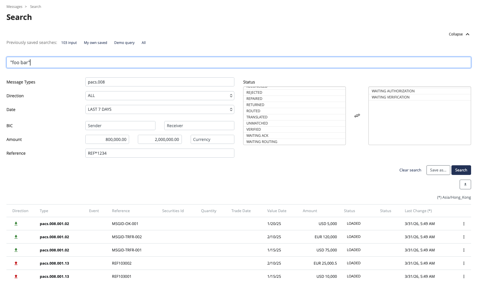 PMH search interface with filters for message type, status, direction, date, BIC, amount and reference