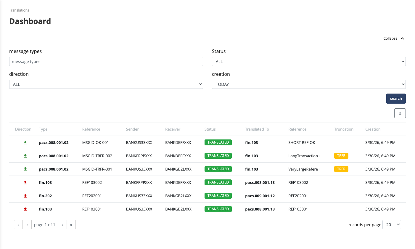 PMH translation dashboard showing bidirectional MT/MX conversions with status and truncation flags