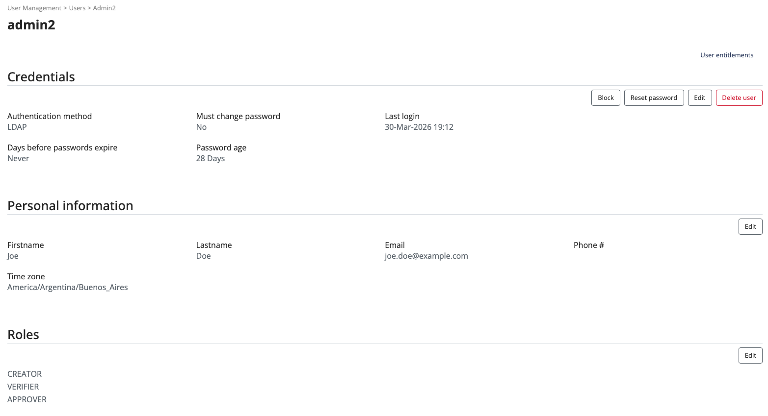 PMH user management detail showing credentials, personal information, and role assignments
